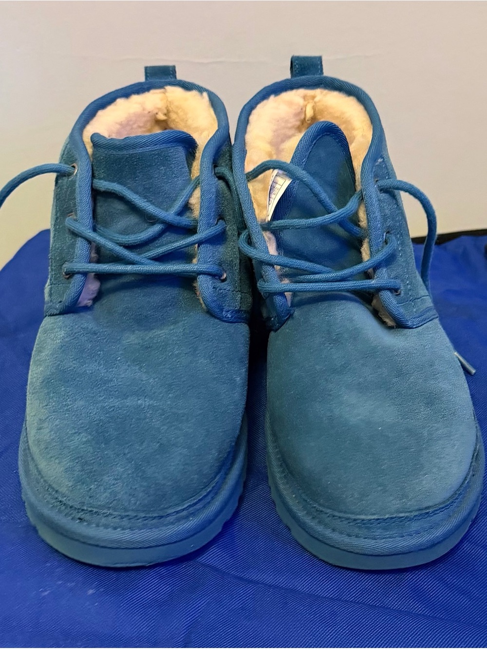 UGG men’s  Blue Suede Lace-Up Boots with Shearling Trim